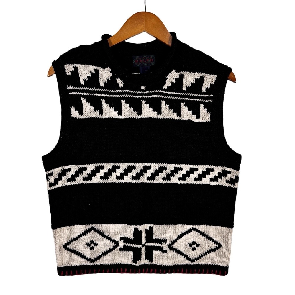 Ralph Lauren Hand Knit Sweater Vest L Black Fair Isle Southwestern Silk Linen